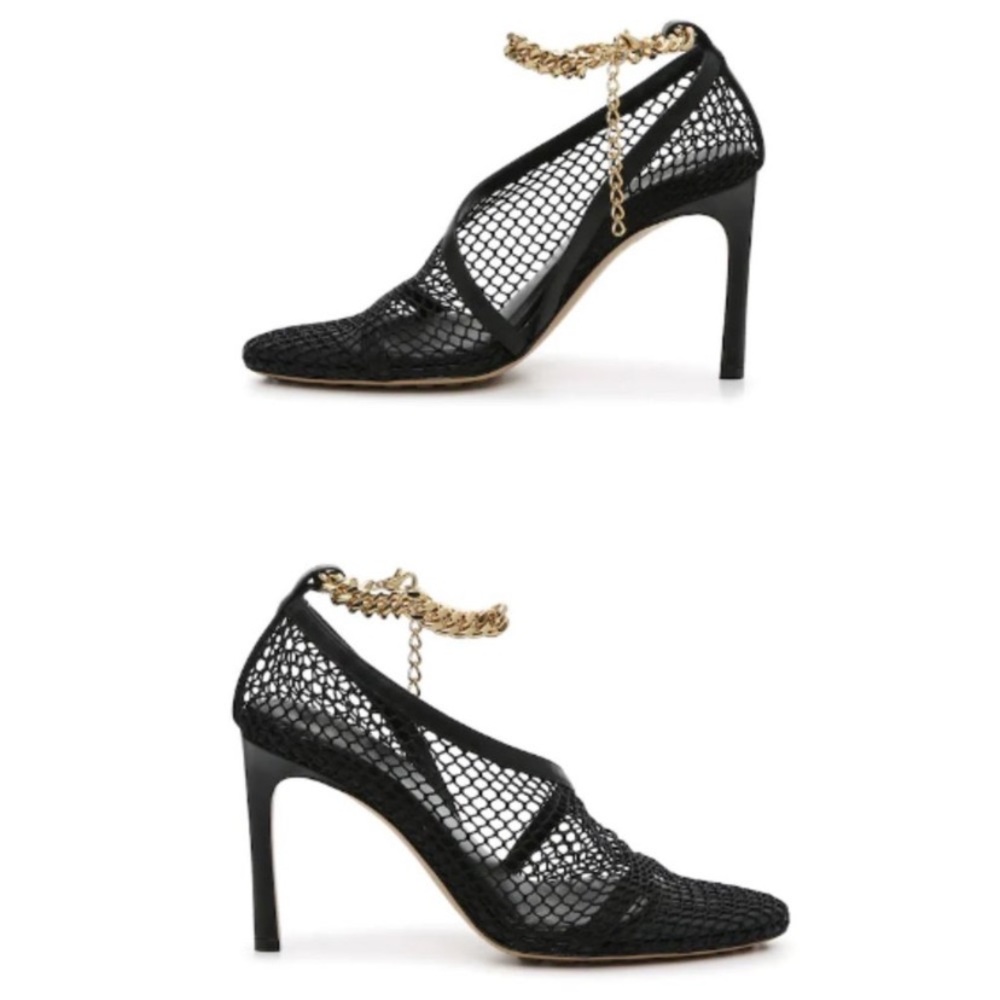 Bottega Veneta Sand Tex Pumps Mesh Gold-Tone Chain Ankle Strap New - Picture 2 of 13